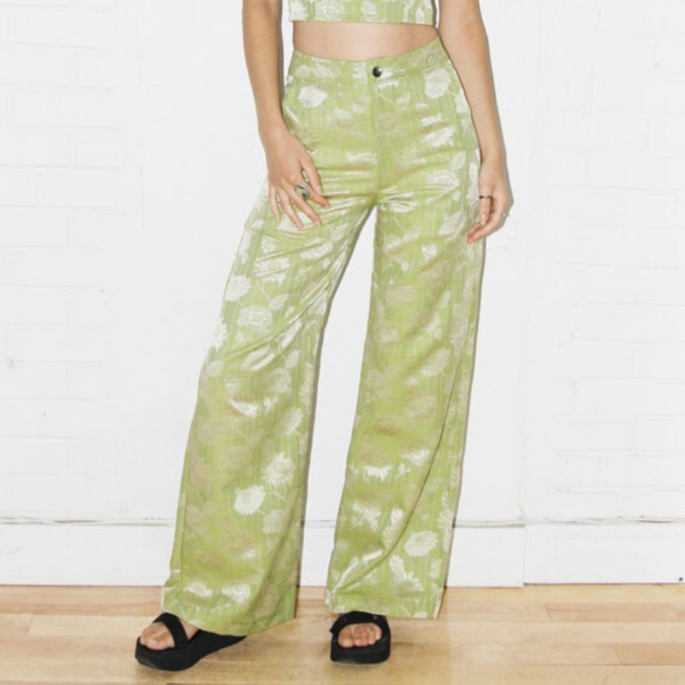 Studio Citizen Wide Leg Pants in Green Flower Jacquard NWOT
